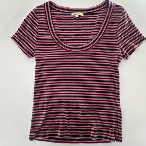 Madewell Supima Rib Tee L Large Striped Scoop Neck Short Sleeve Burgundy Pink